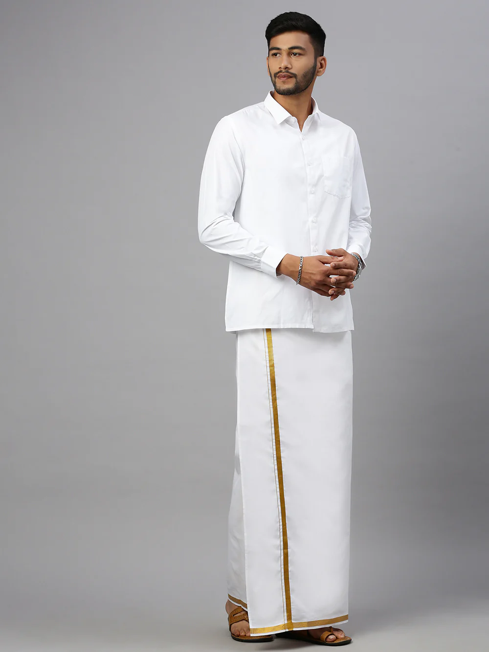 Men Wrinkle Free White Full Sleeves Shirt with inch Gold Jari Border Single Layer Dhoti Combo